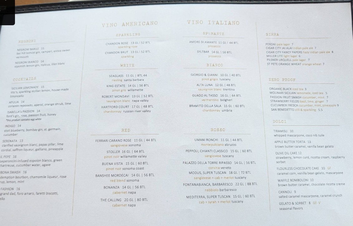 OLIVIA Restaurant Menu & Prices – Tampa